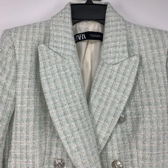 Zara Blazer Tweed Double Breasted Light Blue Blogger Fave Womens Size Medium - Picture 5 of 15